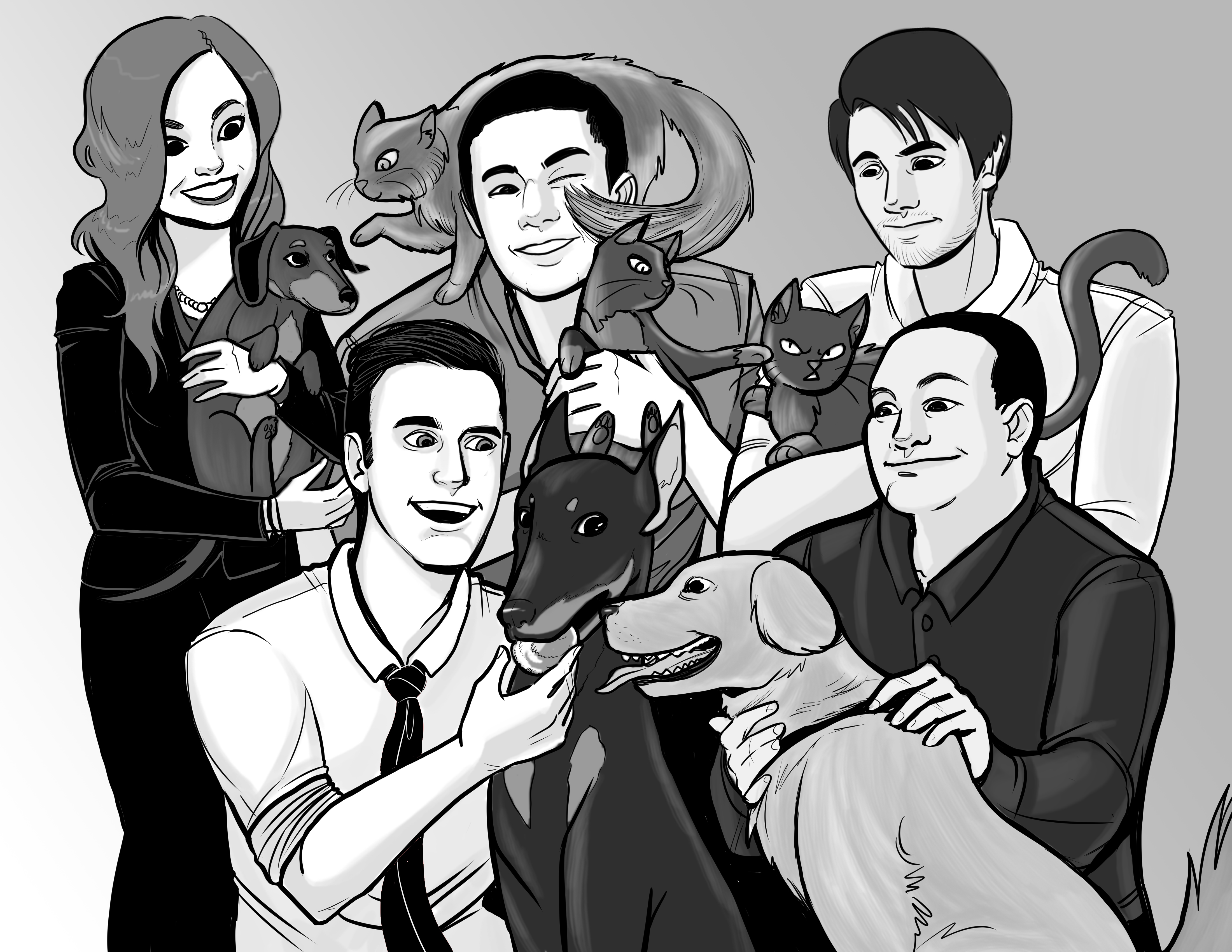 An illustration of a group of people and their pets