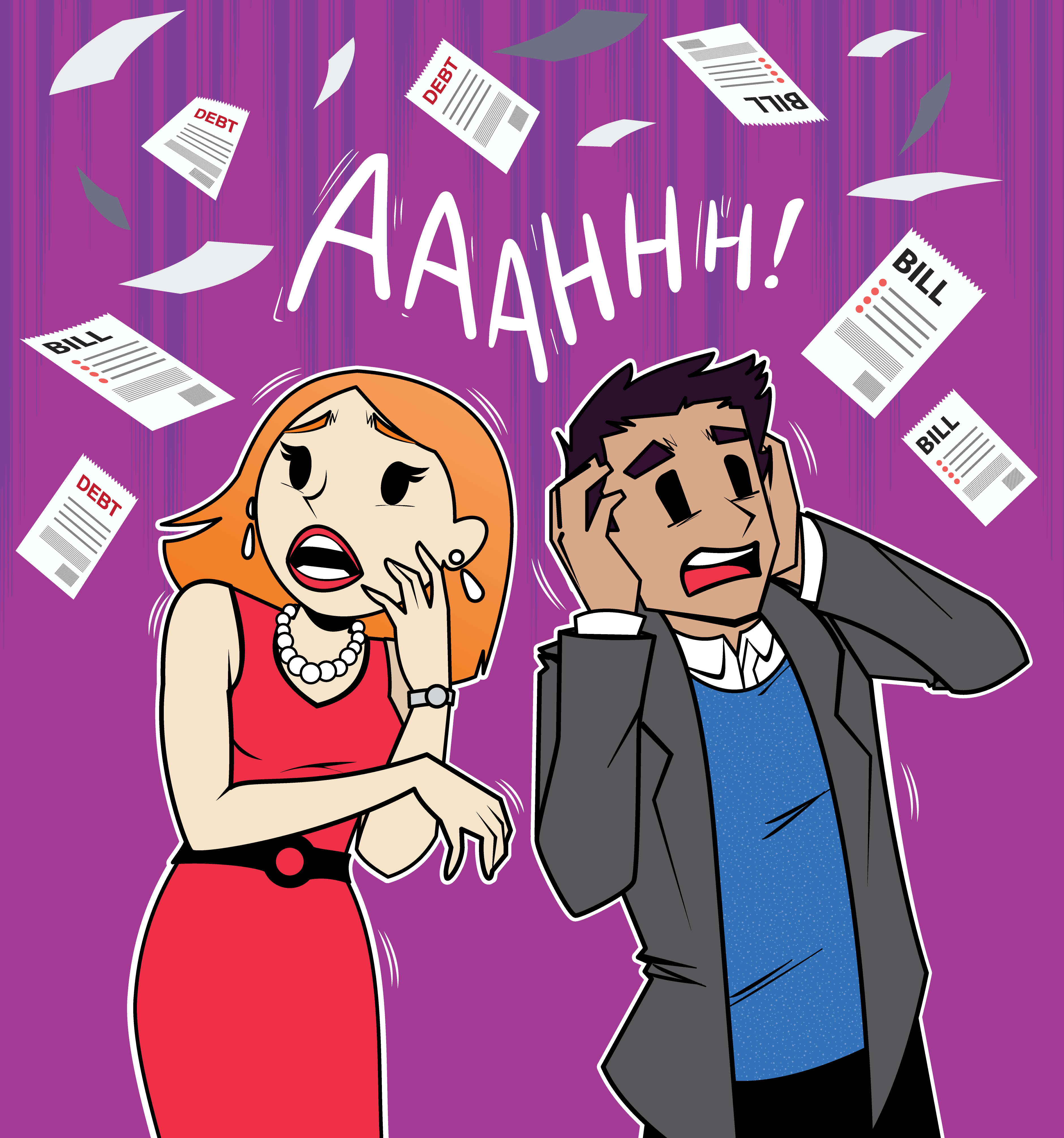 illustration of two people overwhelmed by bills